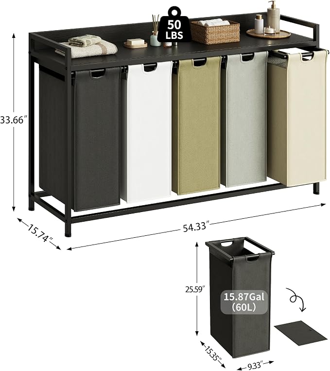 Herture Laundry Hamper with Shelf, Laundry Basket 5 Section, Laundry Sorter with Pull-Out Removable Large 5 Color Bags and Movable Wheels, Metal Frame, 5 x 15.87 Gallons (60L), Black PF08XLK