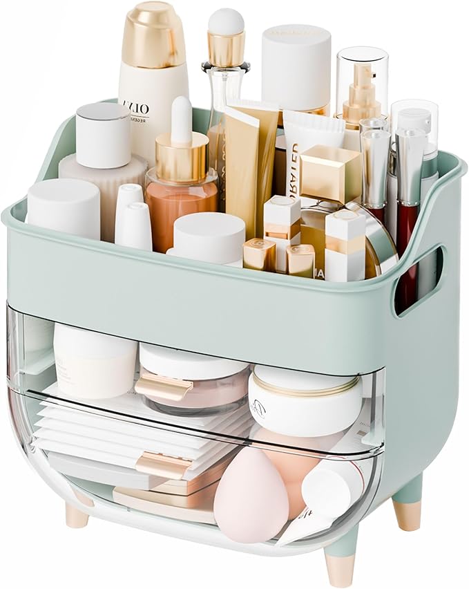 Yieach Countertop Makeup Organizers with Drawers and Handle,Large Cosmetic Organizer for Bathroom Vanity and Dressing,Green Cosmetic Display Cases for Hair Tool,Beauty Products,Skin Care Organizer