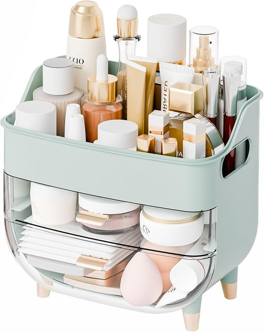 Yieach Countertop Makeup Organizers with Drawers and Handle,Large Cosmetic Organizer for Bathroom Vanity and Dressing,Green Cosmetic Display Cases for Hair Tool,Beauty Products,Skin Care Organizer