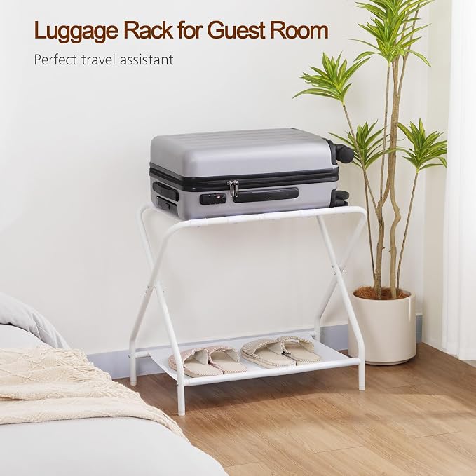 AMHANCIBLE Luggage Rack, Set of 2, Foldable Suitcase Stands for Guest Room | Metal Luggage Holder with Storage Shelf for Bedroom, Hotel, Easy Assemble, White