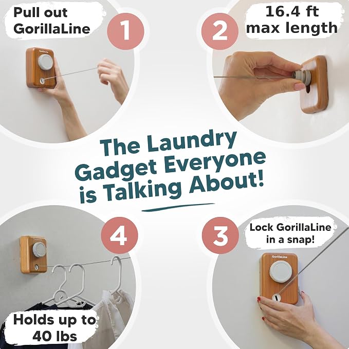 GorillaLine Max – Retractable Clothesline Indoor Outdoor, Non-Sagging Heavy Duty Clothes Drying Line, Wall Mounted Drying Rack, Air Dry Clothing, Max Tighten with GorillaGrip