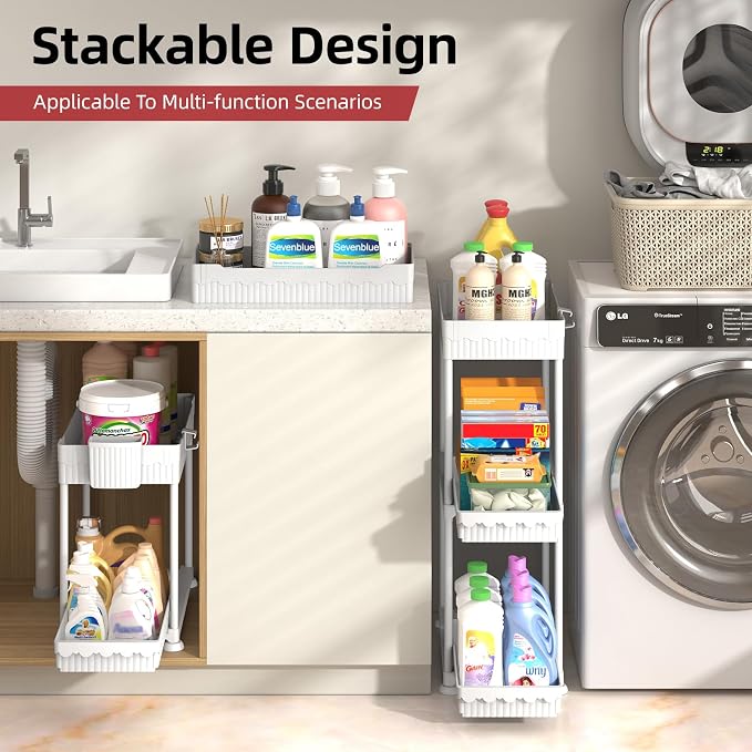 Sevenblue Under Sink Organizer, Bathroom Organizers and Storage, 2 Tier Multi-Use Pull Out Cabinet Organizer with Hang Hooks and Cups (White, 14.8 Inch)