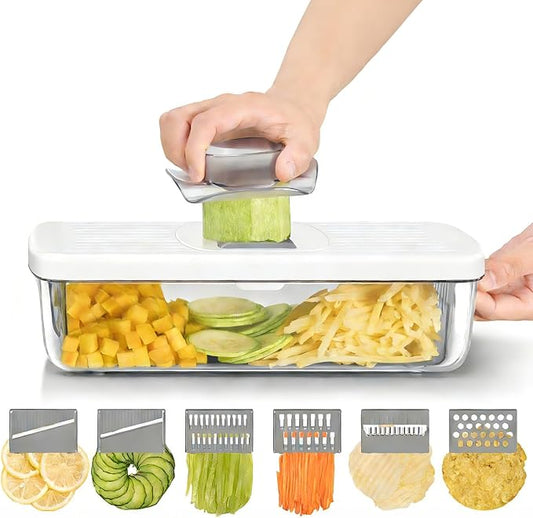 6-in-1 Vegetable Chopper Mandoline Slicer with 6 Blades & Container, Onion Cutter Dicer, Kitchen Gadgets & Essentials for Food Prep