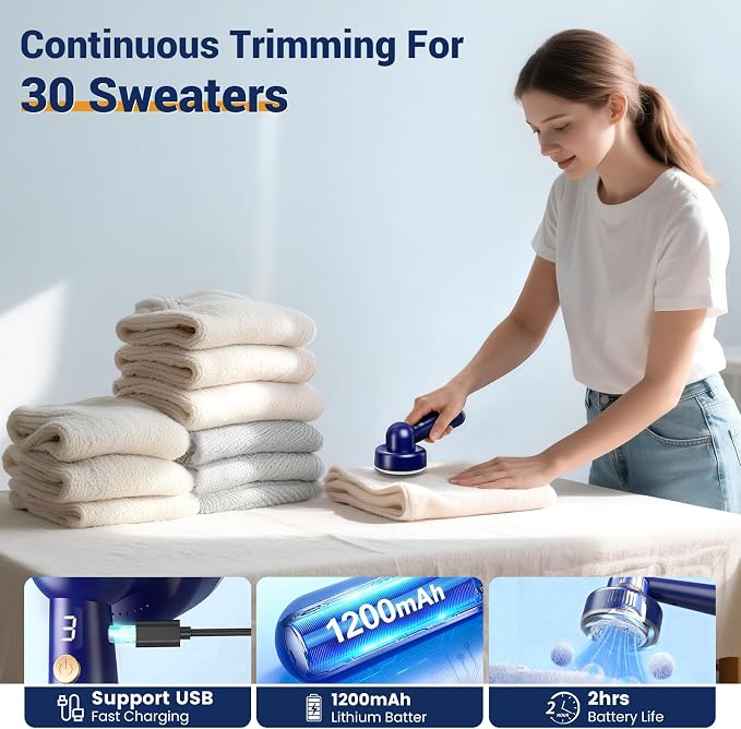 DBC Fabric Shaver & Lint Remover for Clothes, Sweaters & Furniture | 6-Leaf Blade, 3 Speeds, 2H Runtime, Portable Design Perfect for Travel, Includes 2 Extra Blades
