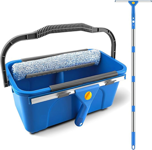 SetSail Window Cleaning Kit with Bucket 3 Gallon, 14-in Window Squeegee and 15-in Microfiber Scrubber, 64" Window Washing Kit, Professional Window Cleaner Tool for Indoor Outdoor Commercial Car, Blue