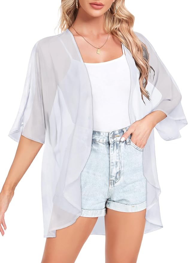 Women Kimono Cardigans Summer Cover Up Hawaiian Shirts Floral Print Tops | ROSEMIA chiffon kimono open front cardigans, beach cover ups, daily casual tops, cruise outfits, summer resort wear