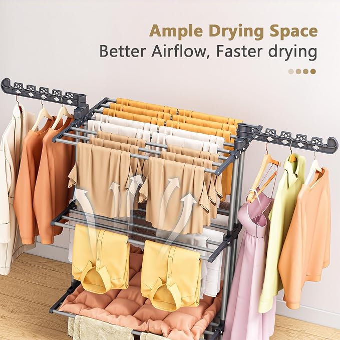 Reinforced Clothes Drying Rack Foldable, 4-Tier Drying Rack with Wheels | Heavy Duty Foldable Laundry Drying Rack for Indoor Outdoor Air Drying, Ideal for Large Families, 19.68"D x 29.92"W x 67.70"H