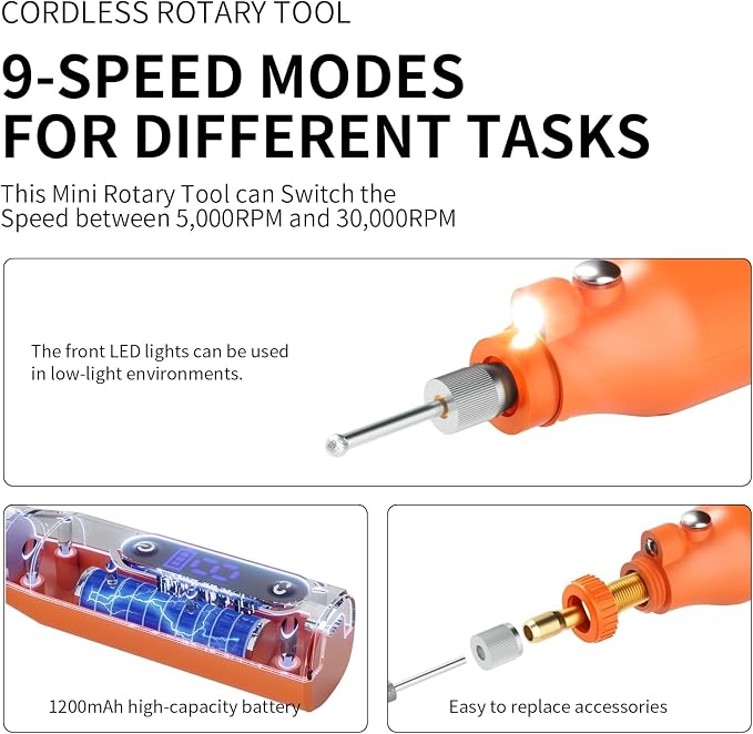 Cordless Rotary Tool Kit - 9-Speed Adjustable with USB Charging | Multi-Purpose Engraving Pen for Sanding, Polishing, Drilling & DIY Crafts | Includes 3D Printing Accessories (Orange with Light)