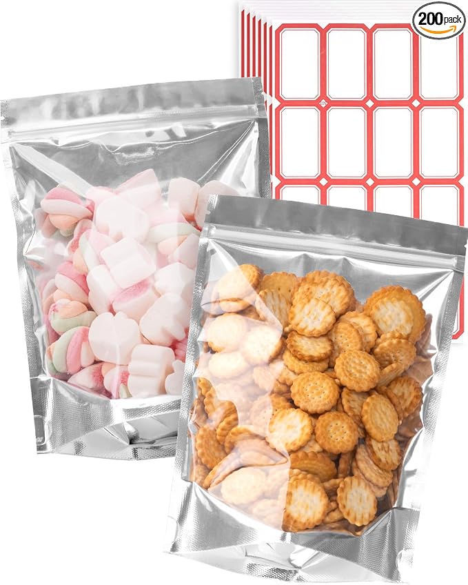 Gwybkq 6x9 Inch Stand-Up Mylar Bags (200pcs) | Resealable Smell-Proof Food Storage with Clear Window, for Snacks/Candy/Coffee Beans, Small Business & Gifting