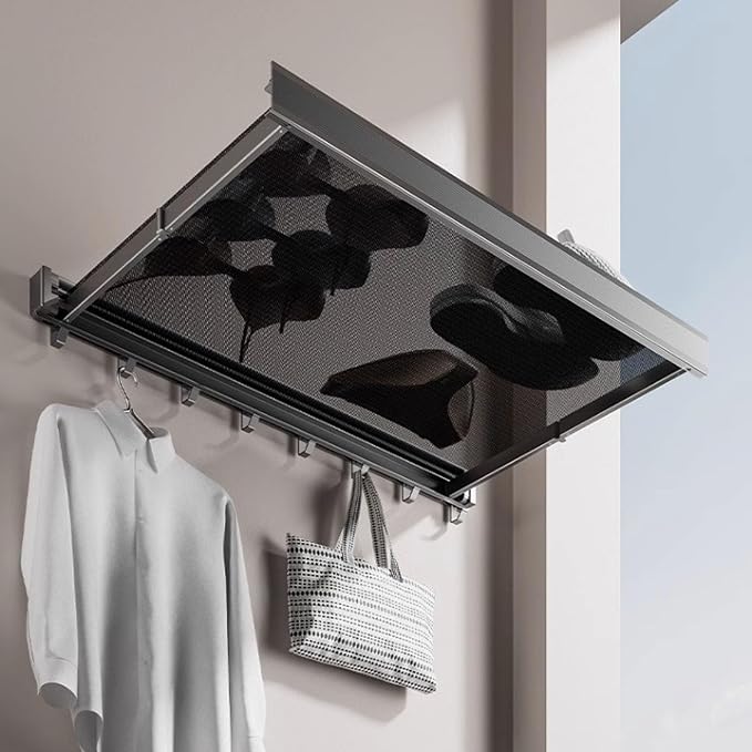 Pilipane Retractable Clothes Drying Rack Wall Mount Foldable Laundry Organizer with Breathable Mesh Platform for Patio Bathroom Aluminum 42x37.8cm (Gray)