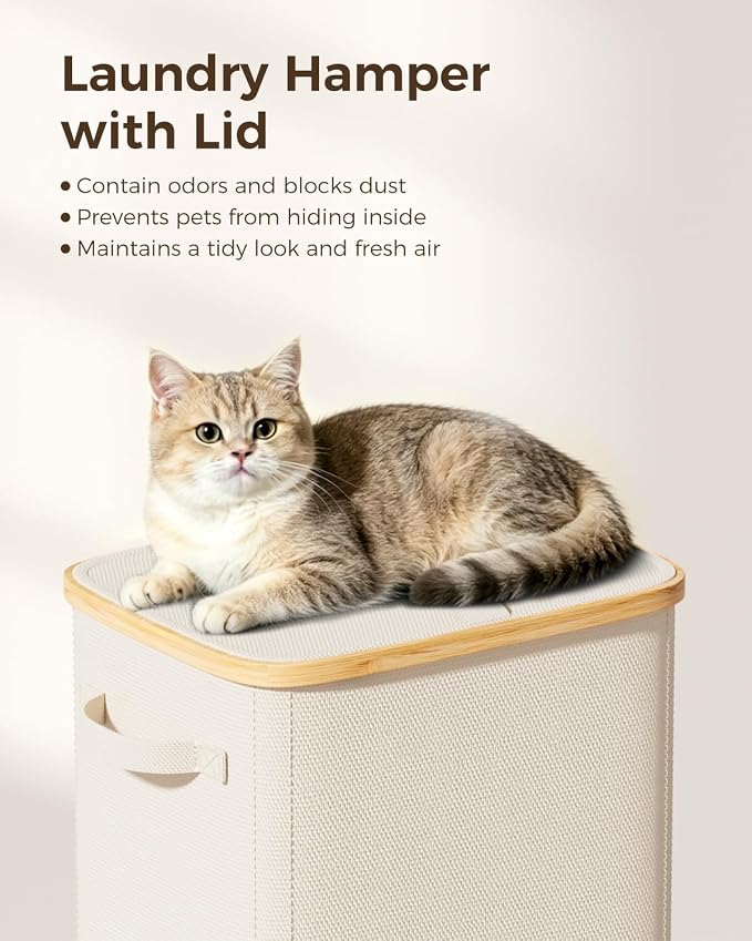 100L Laundry Hamper with Lid, Large Hamper for Clothes, Off White | Elegant bamboo appearance, Foot Loop, Removable Bag Easy to Lift and Carry, Bathroom, Bedroom, Laundry Room, Dorm