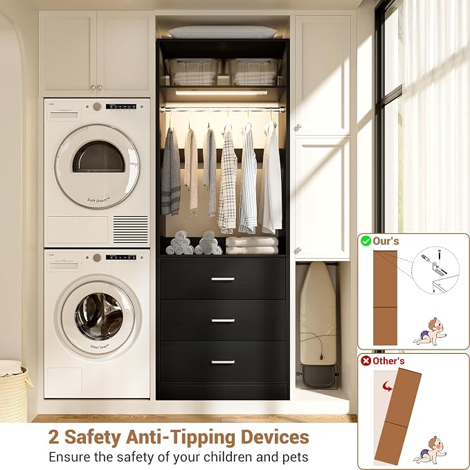 Besiost 8FT Closet System with 4 Motion Sensor LED Lights, 96" Closet Systems with 12 Drawers, Closet Organizer System with 4 Hanging Rods & 4 Shelves, Heavy Duty 96 Inch Walk-in Closet, Black