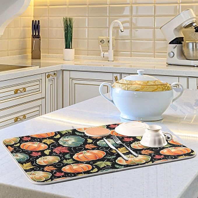 Fall Pumpkin Dish Drying Mat for Kitchen Maple Leaves Black Microfiber Drying Mats Absorbent Reversible Dish Pad Large Dish Draining Mat 18x24 inch