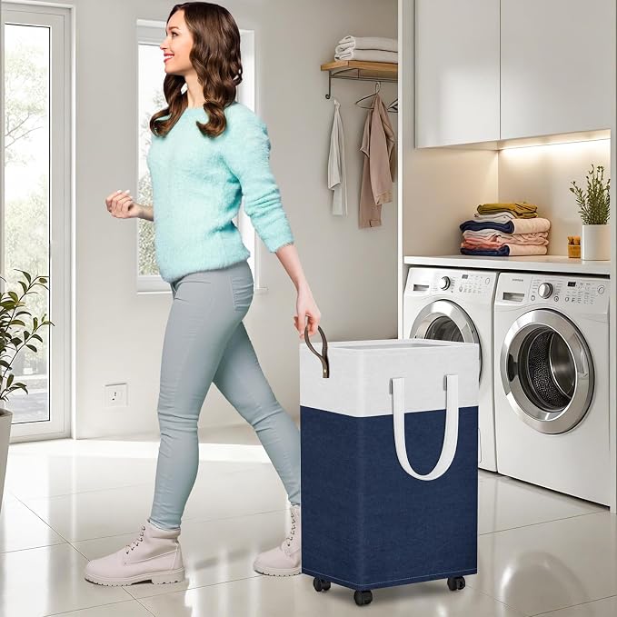 HomeHacks 75L Rolling Laundry Basket with 4 Wheels Collapsible Blue | 4 Wheels, Waterproof PEVA Lining, Cotton Flax Fabric, Metal Frame, Bathroom Laundry Room Dorm Storage, Space-Saving Design