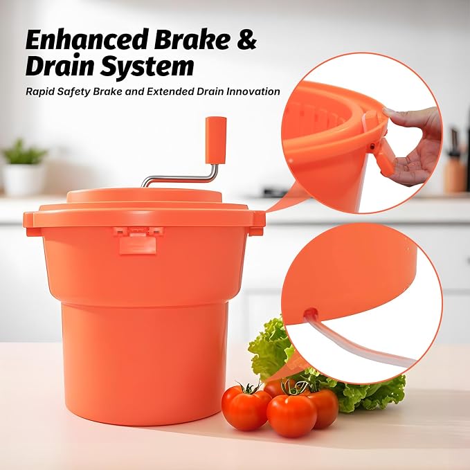 Commercial Salad Spinner 2.5 Gal / 10 Qt Heavy Duty Manual Lettuce Dryer with Stainless Steel Shaft, Large Capacity Vegetable Dryer Basket with Brake & Drain System for Restaurant Kitchen & Food Prep