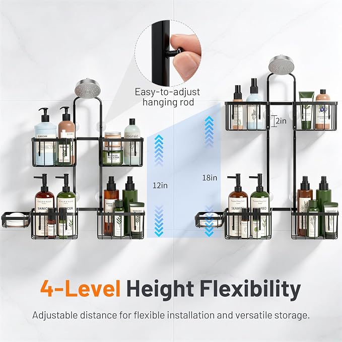 Luxspire Shower Caddy Hanging over Shower Head, Rustproof Adjustable Shower Rack No Drill, Thickened Stainless Steel Shower Organizer and Storage for Inside Shower with Hook Soap Holder, Black