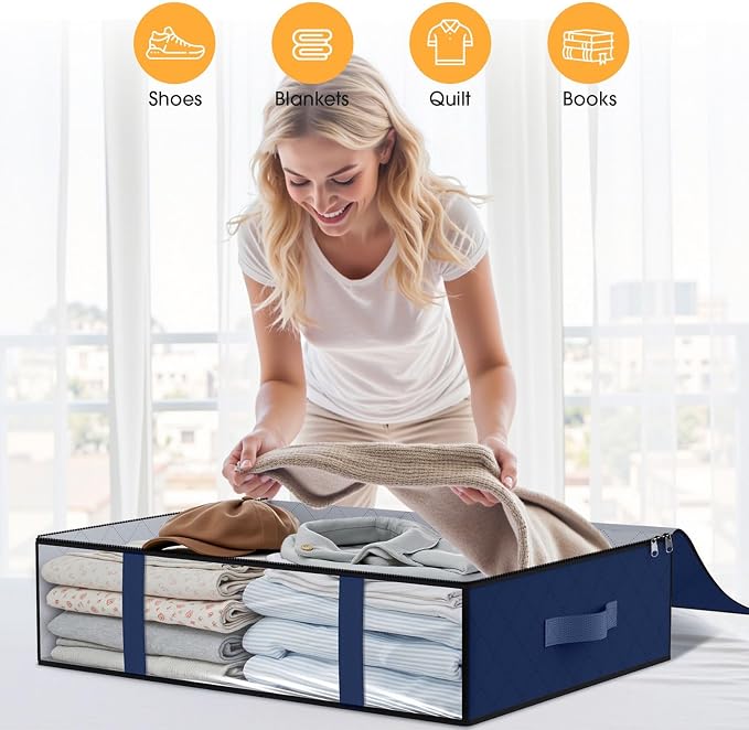 StorageRight Under Bed Storage Bags, 6 Pack, 40L, Blue | Breathable Non-Woven Fabric with a Clear Window and Zippered Top for Clothes, Comforters, Blankets and Seasonal Storage