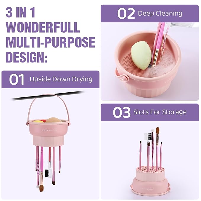 GOLIKEE Makeup Brush Cleaner Mat 3 in 1 Silicone Makeup Brush Cleaner Bowl Cosmetic Brushes Cleaning Tool Organizer for Storage and Air Drying（Khaki）