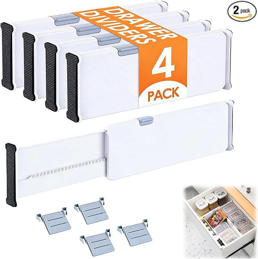 Adjustable Drawer Dividers with Matching Inserts, Expandable Drawer Organizers 3.94" High, 10.83-17.3" Length, for Clothing Kitchen Office (4 Dividers with 4 Matching Inserts)