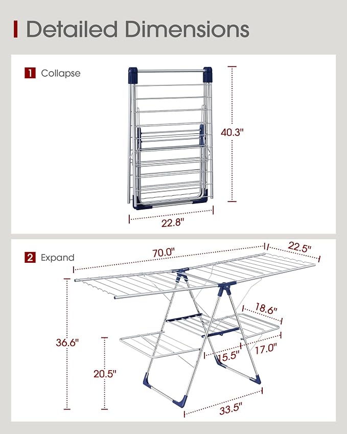 Sakugi Clothes Drying Rack, Foldable 2-Level with 70" Adjustable Wings | Laundry Room, Bedroom, Indoor & Outdoor Use, Height Adjustable, Clothing & Bedding, 70.0" L × 22.8" W, Silver and Blue