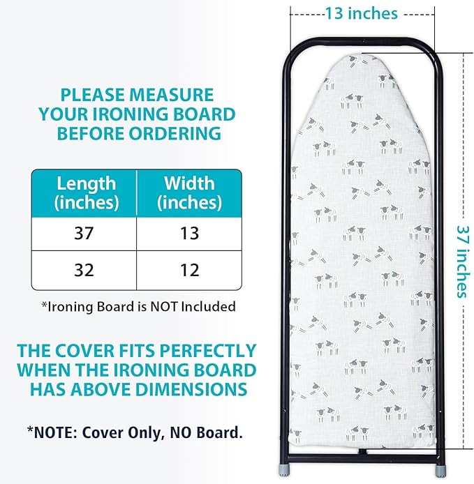 Seiritex Over the Door Ironing Board Cover 13 x 37 inch, Small Iron Board Cover w 3 Layers Heat Reflective Thick Padding with Hook and Loop Fasteners (Gray Sheep)