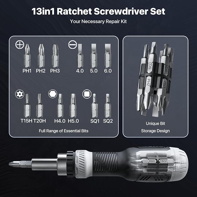 Wesdut 13in1 Multi Ratchet Screwdriver Set Tool All in One, [Built to Last] | CR-V, Multi Screw Driver Set Kit, Flat Head, Philips, Torx, Hex, Square, Cabinets, Heating, RV Repair