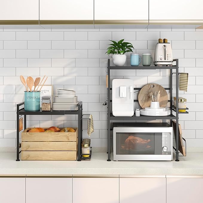 Expandable Microwave Stand Kitchen Countertop Organizer With Storage, Black | Adjustable Microwave Oven Rack Metal Storage Shelf for Pans Small Appliances Kitchen Utensils Tableware, 2-Tier