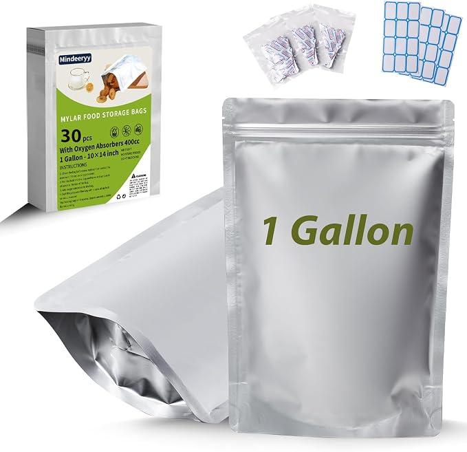 30pcs 1 Gallon Mylar Bags for Food Storage with Oxygen Absorbers and Labels | 10x14 Inch Zipper Pouches Resealable Extra Thick 10 Mil for Long Term Food Container Sets,Heat Sealable