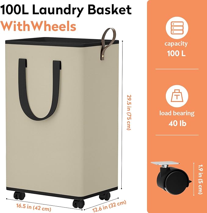 SpaceTrove Rolling Laundry Basket with Wheels, Laundry Hamper, 100L, Beige | Collapsible, 4 detachable wheels including 2 with brakes, sturdy handle, metal frame, for dorms, bathrooms and bedrooms