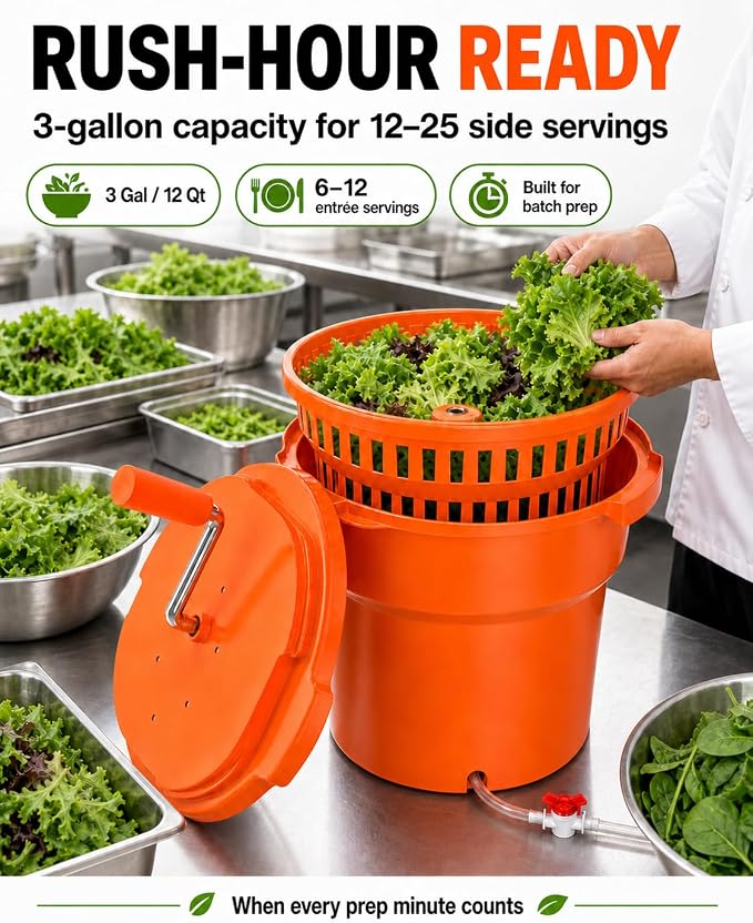 Commercial Salad Spinner - 3 Gallon Large Capacity Lettuce Dryer with 10 Ft Drain Hose & Stop Valve, 12Qt Manual Vegetable Spinner for Restaurants, Catering and Meal Prep