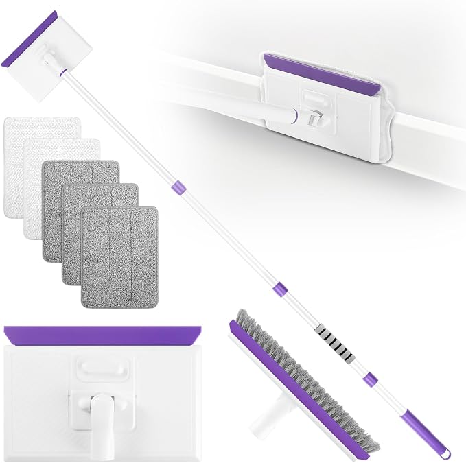 Baseboard Cleaner Tool with 60" Extendable Handle, 5 Reusable Pads | Microfiber & Chenille Pads, Dust-Locking Design, Safe On Walls And Moldings, Reaches Corners And Under Furniture