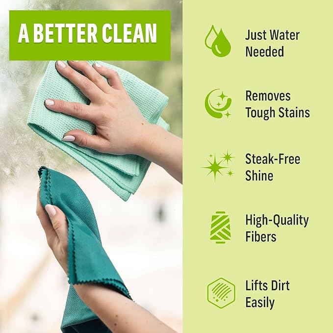 E-Cloth Microfiber Window Cleaning Cloth Kit - Glass Cleaning Cloth for Windows, Mirrors, Cars, Lenses, Eyeglasses, & More, Streak Free Clean, Machine Washable Reusable Towel - Winter Green (3 Kits)