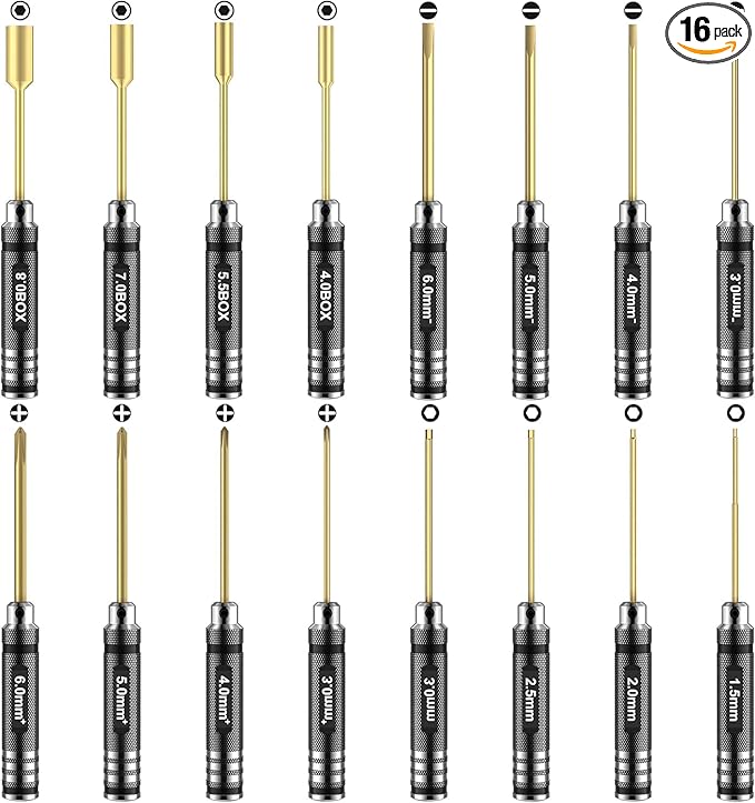 Car Tool Kit - 16pcs Screwdriver Tool Set Includes Flat, Phillips, Hex, Titanium Steel Tool Set Hex Driver Set Tool Kit with Tools Storage Bag for Remote Control Car Drone Helicopter Models