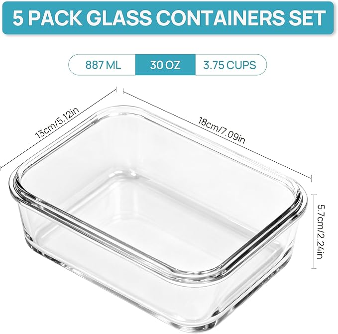 Vtopmart 5Pack 30oz Glass Storage Containers with Lids, Glass Meal Prep Food Container Sets with Snap Airtight Lid for Microwave, Oven, Freezer and Dishwasher, Grey