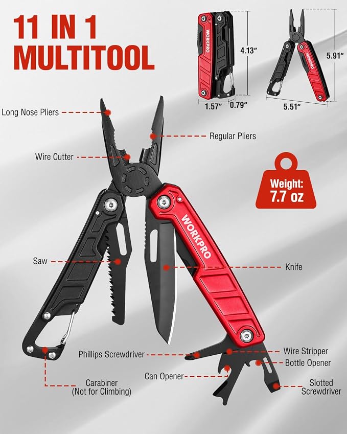 WORKPRO 11 in 1 Multitool Pliers with Pocket Clip and Sheath | EDC Multi Tool Knives with Safety Lock-Pocket Knife with Screwdriver Saw Blade Wire Cutter and Bottle Opener-Red
