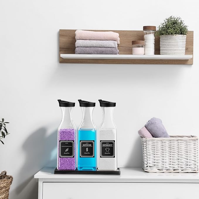 Laundry Detergent Dispenser,54OZ Laundry Soap Dispenser,Liquid Laundry Detergent Container,Fabric Softener Dispenser with Black Wood Tray,Laundry Room Organizer with 4 Labels