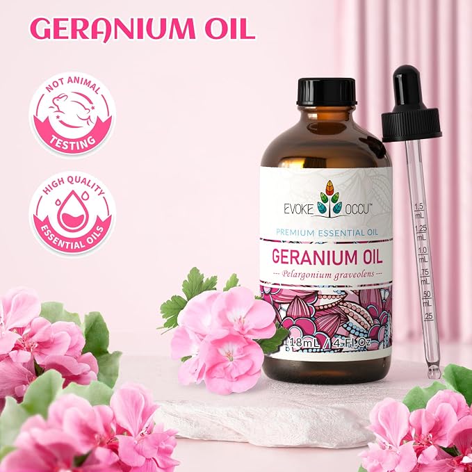 EVOKE OCCU Geranium Essential Oil for Skin & Aromatherapy | Relaxing Scent for Hair Scalp Care, Diffuser, Massage, DIY Soap Candle & Home Cleaning - 118ml / 4 fl oz