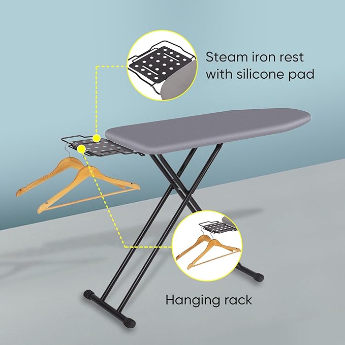 Jakeefud Deluxe Ironing Board with Heat Resistant Cover and Thicken Felt Pad, Heavy Sturdy Legs,Full Size Hanger Iron Board,Foldable (L-Grey)