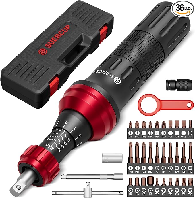 1/4" 10-80In.lb Torque Wrench Screwdriver 36 PCS Set | T-bar, Hex, Torx, and Phillips S2 Bits, Torque Screwdriver, For Scope and Car, Bike Mounting and Home DIY