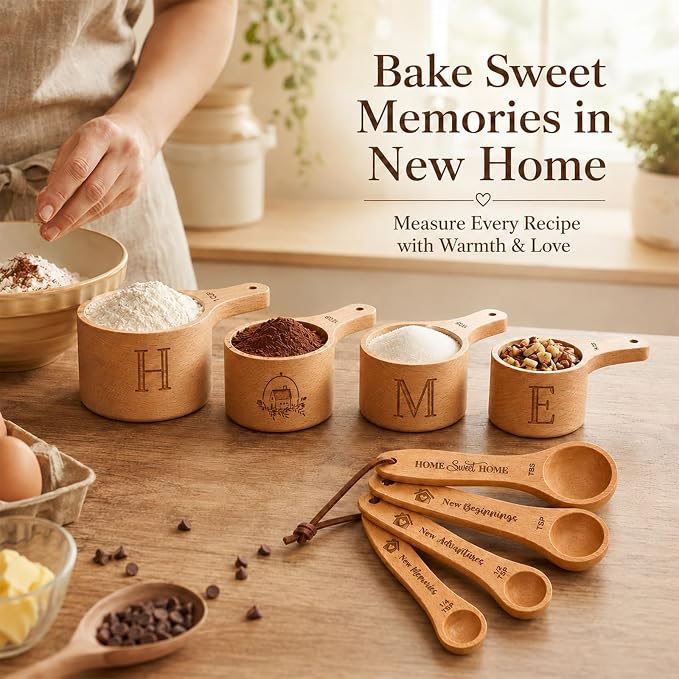 House Warming Gift New Home, Wooden Measuring Cups and Spoons Set, Housewarming Basket for Homeowners Couple Women, Closing Gifts for Home Buyers, First Apartment Kitchen Gadgets for Cooking & Baking
