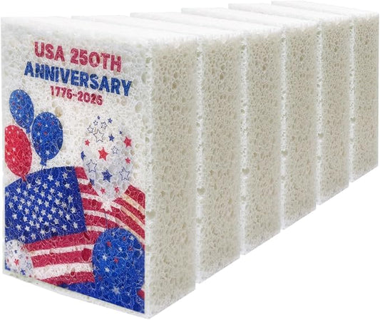 Scratch Scrub Sponge, 4th of July 6 Kitchen Sponges for Cleaning Around the Home, Bathroom & More, American Flag USA Large Size Scratch-Free Dish Scrubber (4" x 6" x 1", USA Flag)
