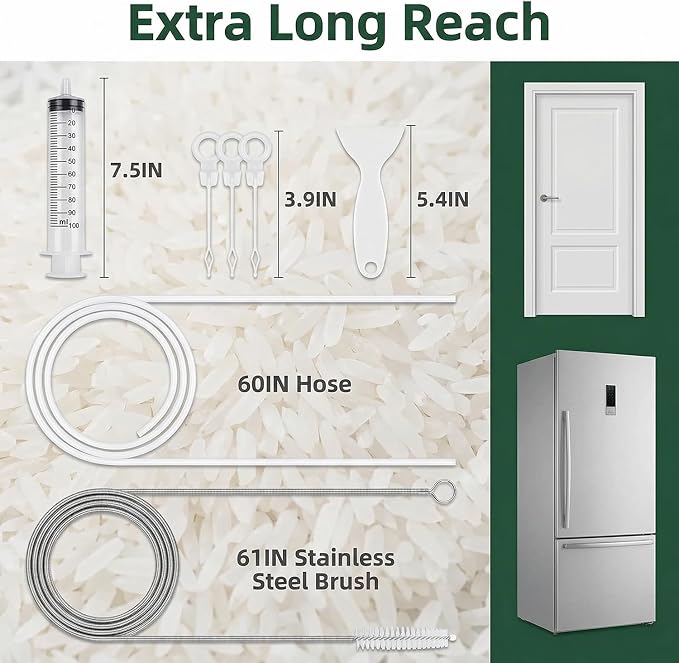 7-Piece Refrigerator Drain Hole Cleaner Kit, 60in Flexible Fridge Drain Cleaning Brush & Hose Set with Syringe, Plungers and Shovel for Unclogging Fridge Water Line & Dispenser