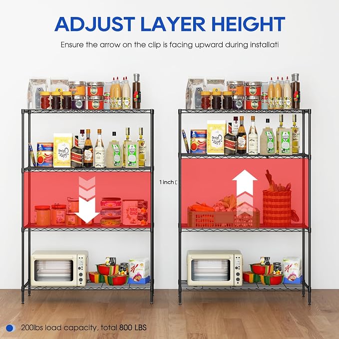 4-Tier Storage Shelves 35.4" L x 13.3" W x 53.7" H Metal Garage Shelves Standing Storage Shelf Adjustable Layer Racks with Steel Frame Suitable for Kitchen, Garage or Commercial Use (Black)