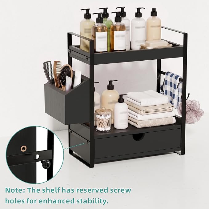 Kottwca 2-Tier Bathroom Counter Organizer with Drawer, Basket & Hooks, Wooden Vanity Shelf for Skincare, Perfume & Makeup Storage(Black)