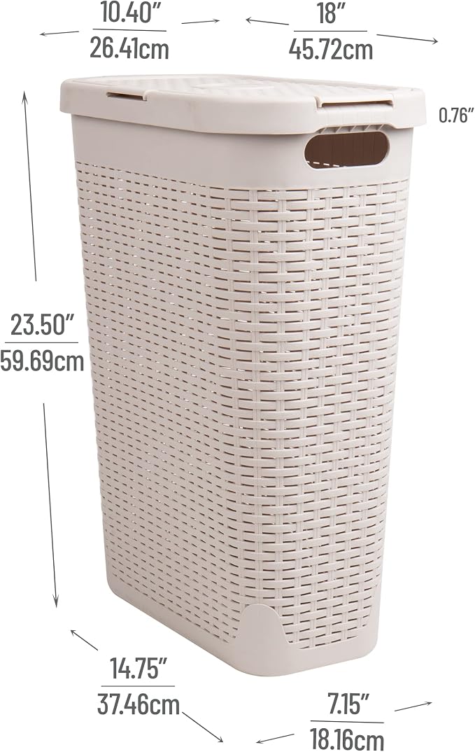Mind Reader 40L Slim Laundry Hamper with Lid, Narrow Clothes Baskets, Set of 2, Ivory