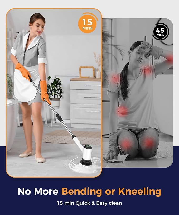 Cordless Electric Spin Scrubber, 6 Brush Heads, Long Handle | Power scrubber, adjustable long handle, IPX7 rated body, lightweight grip, bathroom, kitchen, tile, grout, tub, shower, floor