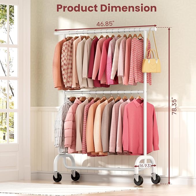 Heavy Duty Clothes Rack, 78.35" Rolling Clothing Rack for Hanging Clothes with Lockable Wheels, 6-Level Adjustable Double Rod Garment Rack for Bedroom, Laundry, Clothing Store, White