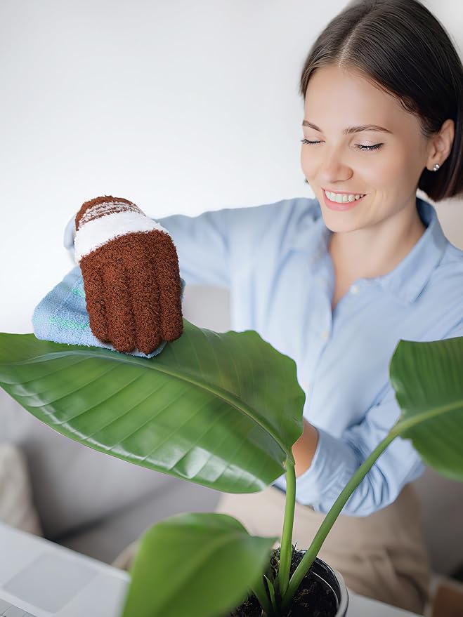 Patelai 3 Pairs Microfiber Plant Dusting Gloves Leaf Cleaning Gloves for Indoor Plants, Blinds, Furniture, House (Gray,Orange,Brown,Medium)