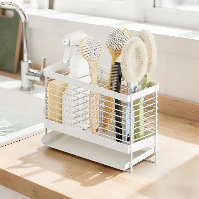 Utensil Holder, Upgrade Stainless Steel Utensil Drying Rack with Automatic Drain Tray for Kitchen Counter, Silverware Cutlery Organizer for Spoons, Forks, Knifes, Chopsticks (White)