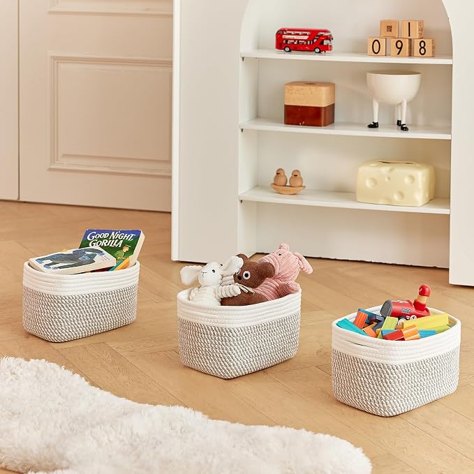 R RUNKA Small Cotton Rope Basket – Storage Bin for Organizing (10.6" x 6.7" x 6.7"), Bathroom Storage Basket for Shelf, Counter & Closet（White & Mixed Grey）